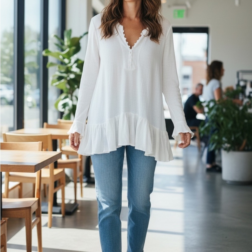 Free People White Ruffle Hem Tunic - Picture 1 of 6